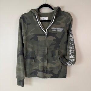 ABERCROMBIE & FITCH Small Camo Full Zip Hoodie Spellout Logo Retro Streetwear